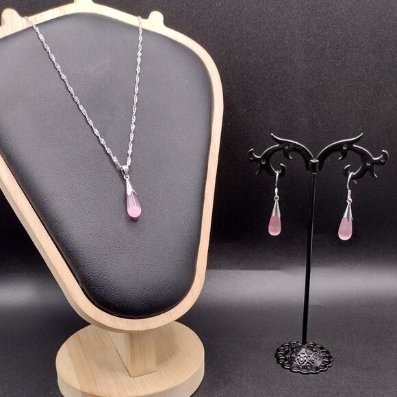 925 Sterling Silver Teardrop Necklace Earrings Set Rose Pink Opal  BOHO Birthday - Picture 1 of 9